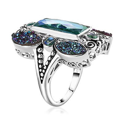 Sajen Silver Rainbow Doublet Perido Quartz and Flat Forest Drusy Quartz Ring in Platinum Over Sterling Silver (Size 10.0) 11.10 ctw