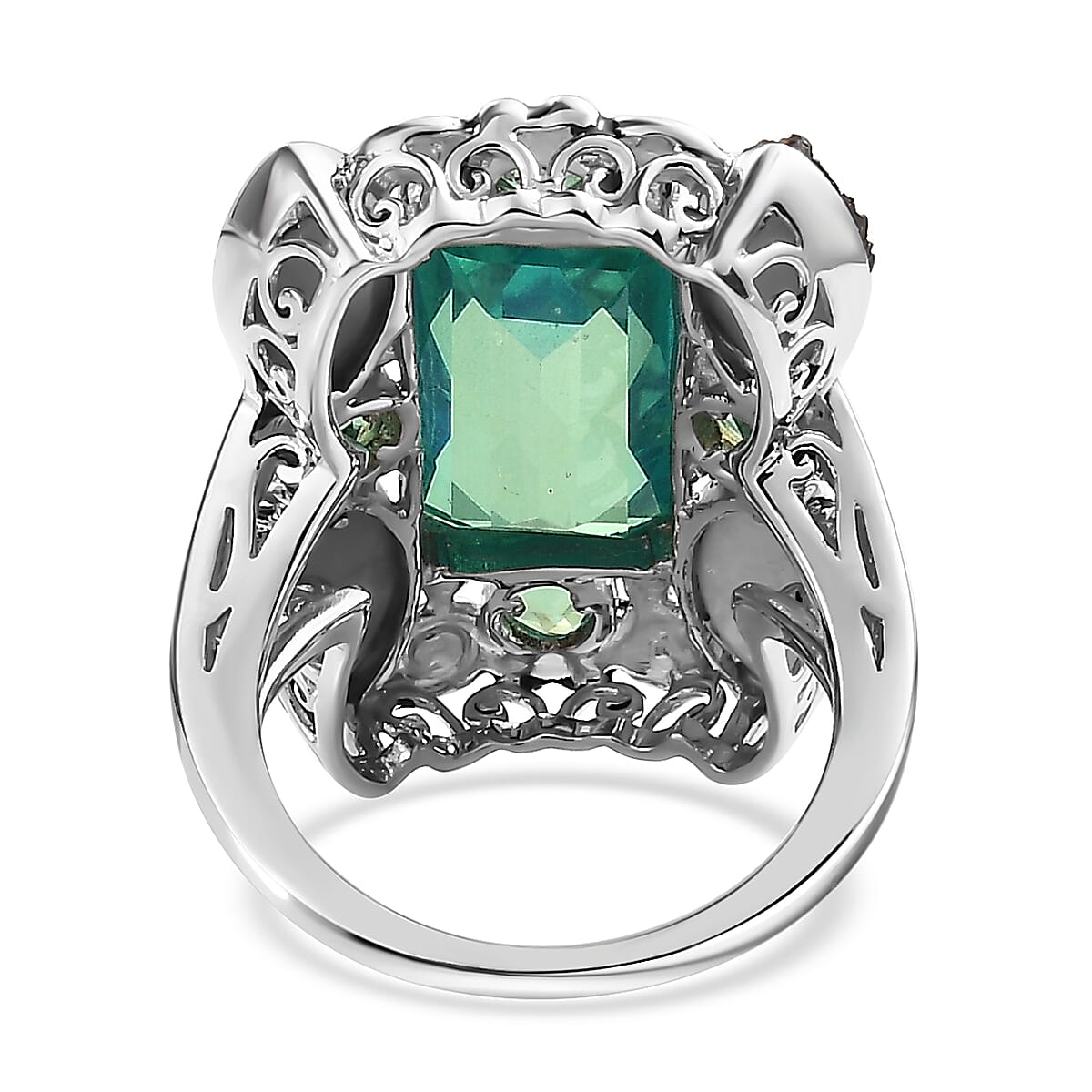 Sajen Silver Rainbow Doublet Perido Quartz and Flat Forest Drusy Quartz Ring in Platinum Over Sterling Silver (Size 10.0) 11.10 ctw