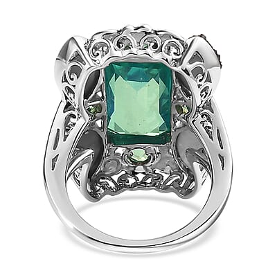 Sajen Silver Rainbow Doublet Perido Quartz and Flat Forest Drusy Quartz Ring in Platinum Over Sterling Silver (Size 10.0) 11.10 ctw