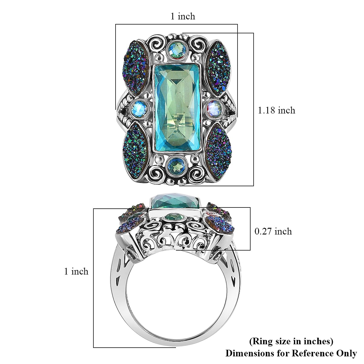 Sajen Silver Rainbow Doublet Perido Quartz and Flat Forest Drusy Quartz Ring in Platinum Over Sterling Silver (Size 10.0) 11.10 ctw