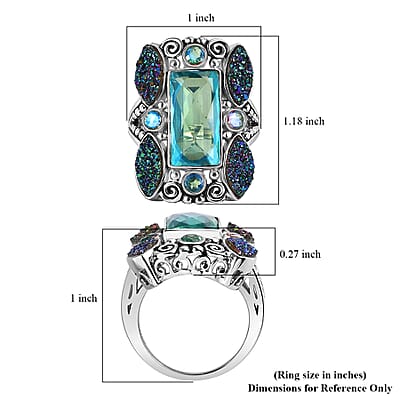 Sajen Silver Rainbow Doublet Perido Quartz and Flat Forest Drusy Quartz Ring in Platinum Over Sterling Silver (Size 10.0) 11.10 ctw