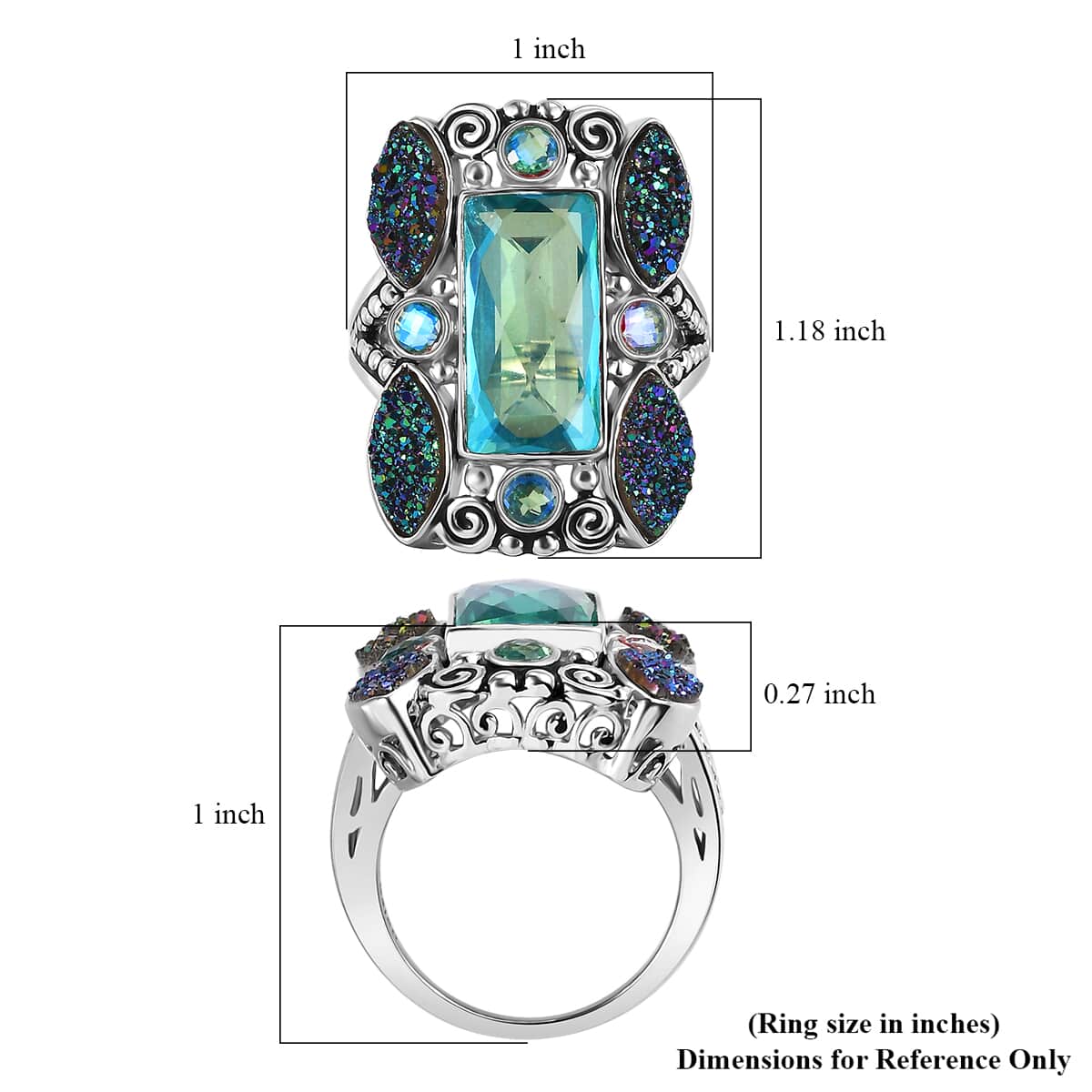 Sajen Silver Rainbow Doublet Perido Quartz and Flat Forest Drusy Quartz Ring in Platinum Over Sterling Silver (Size 7.0) 11.10 ctw image number 5