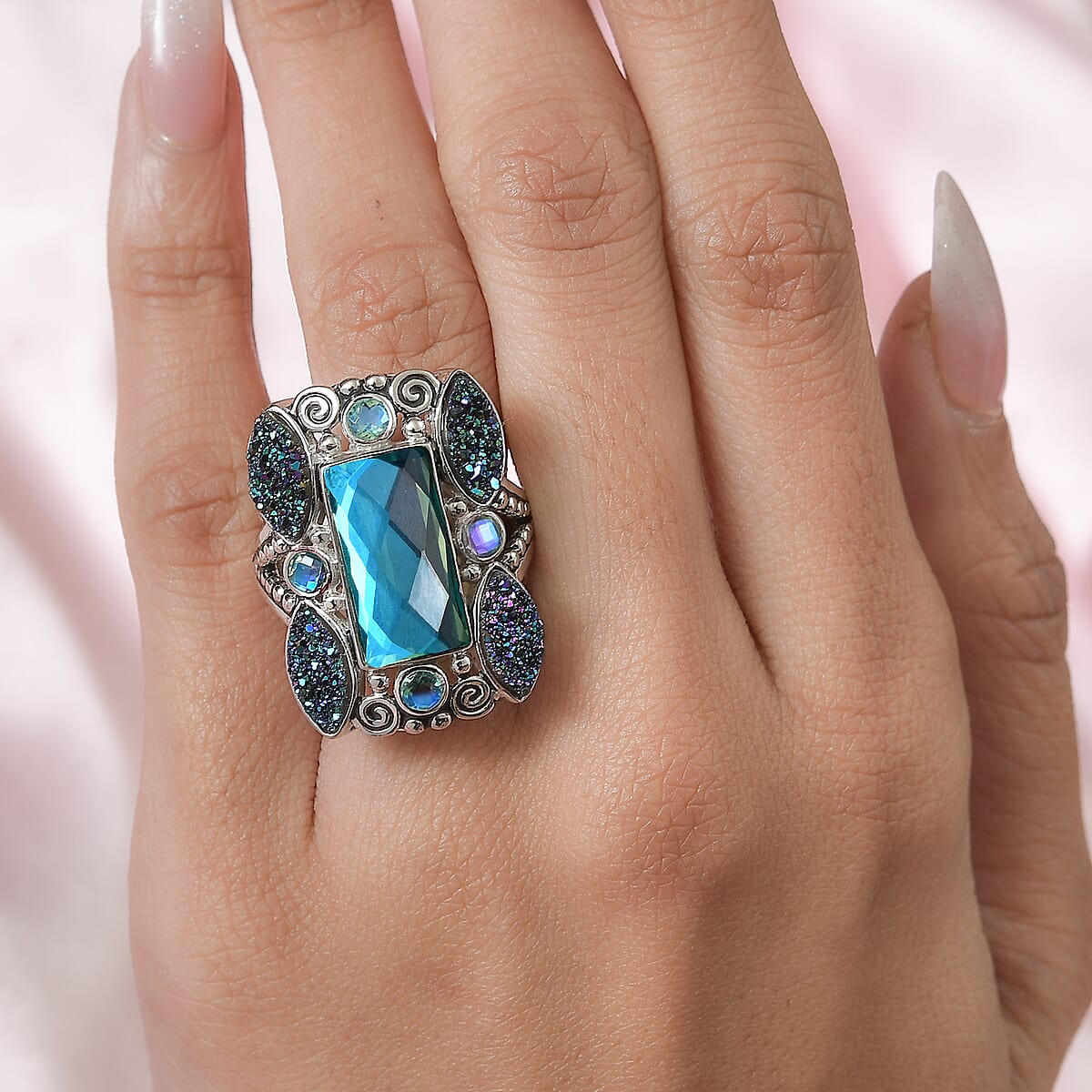 Sajen Silver Rainbow Doublet Perido Quartz and Flat Forest Drusy Quartz Ring in Platinum Over Sterling Silver (Size 8.0) 11.10 ctw image number 2