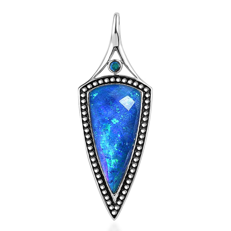 Sajen Silver Blue Low Dom Quartz Doublet Opal and Swiss Blue Topaz Pendant in Platinum Over Sterling Silver 8.00 ctw