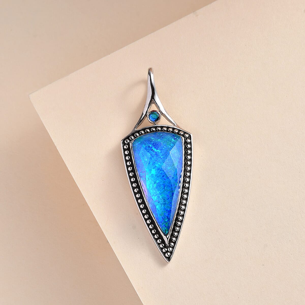 Sajen Silver Blue Low Dom Quartz Doublet Opal and Swiss Blue Topaz Pendant in Platinum Over Sterling Silver 8.00 ctw image number 1