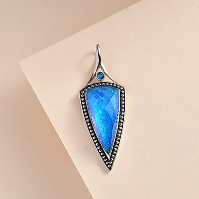 Sajen Silver Blue Low Dom Quartz Doublet Opal and Swiss Blue Topaz Pendant in Platinum Over Sterling Silver 8.00 ctw
