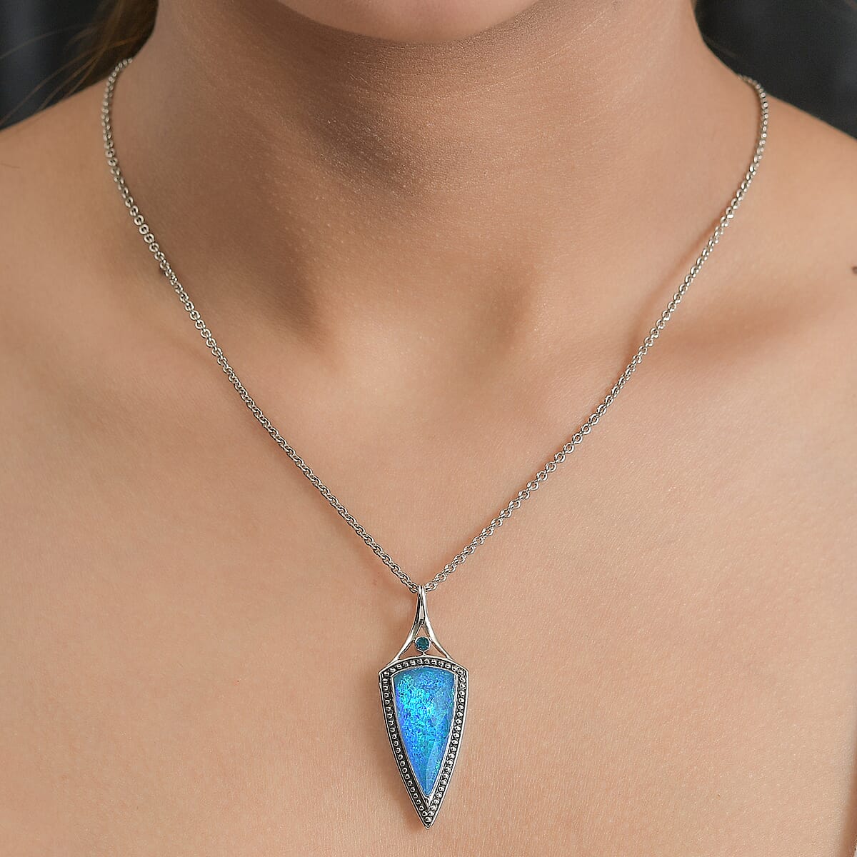 Sajen Silver Blue Low Dom Quartz Doublet Opal and Swiss Blue Topaz Pendant in Platinum Over Sterling Silver 8.00 ctw image number 2