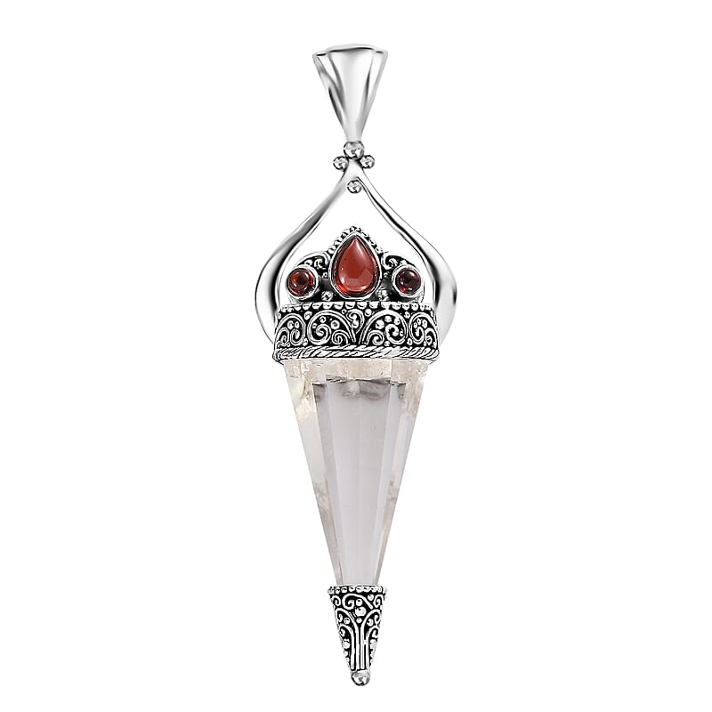 Sajen Silver Natural Crystal Pencil and Mozambique Garnet Pendant without Chain in Platinum Over Sterling Silver 32.65 ctw