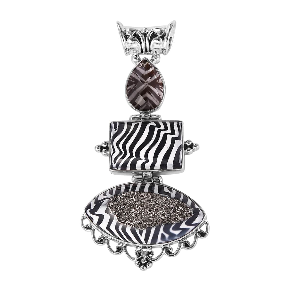 Sajen Silver Window Drusy Astral Zebra and Multi Gemstone Pendant in Platinum Over Sterling Silver 42.70 ctw image number 0