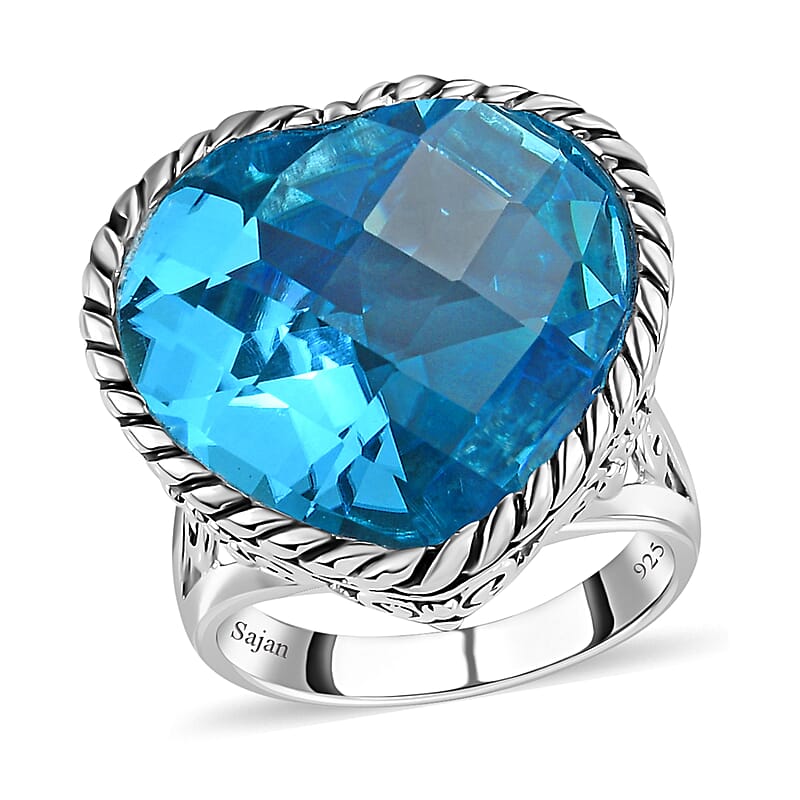 Sajen Silver Celestial Blue Doublet Quartz Heart Ring in Platinum Over Sterling Silver (Size 10.0) 22.65 ctw