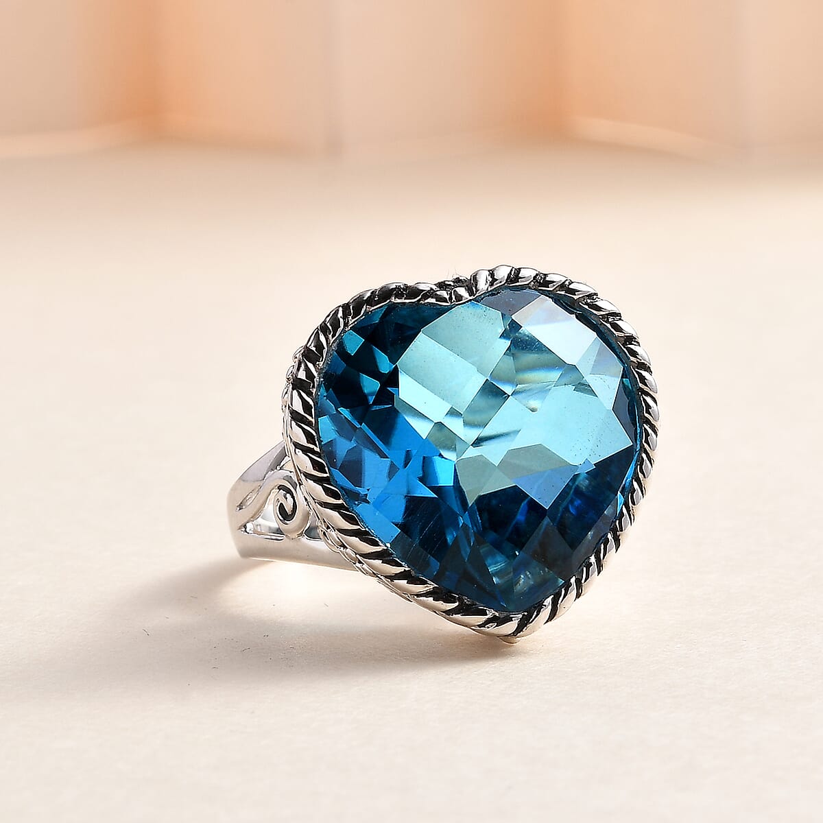 Sajen Silver Celestial Blue Doublet Quartz Heart Ring in Platinum Over Sterling Silver (Size 10.0) 22.65 ctw image number 1