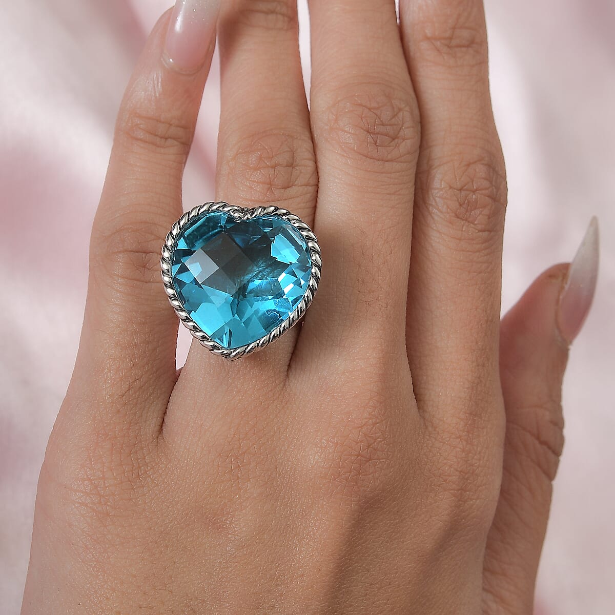 Sajen Silver Celestial Blue Doublet Quartz Heart Ring in Platinum Over Sterling Silver (Size 10.0) 22.65 ctw image number 2