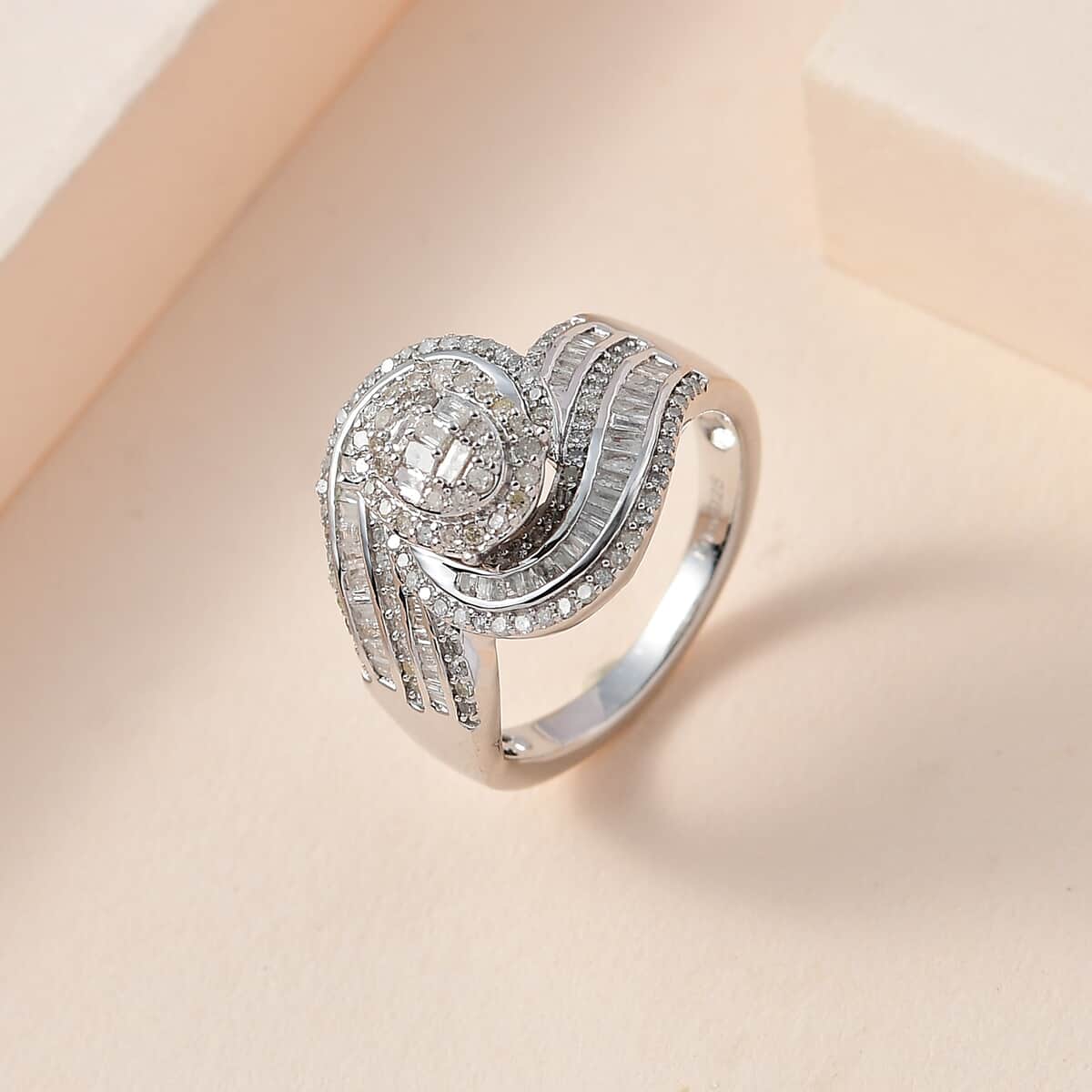 Diamond Bypass Ring in Platinum Over Sterling Silver (Size 10.0) 1.00 ctw image number 1
