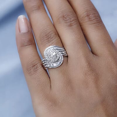Diamond 1.00 ctw Bypass Ring in Platinum Over Sterling Silver (Size 10.0)