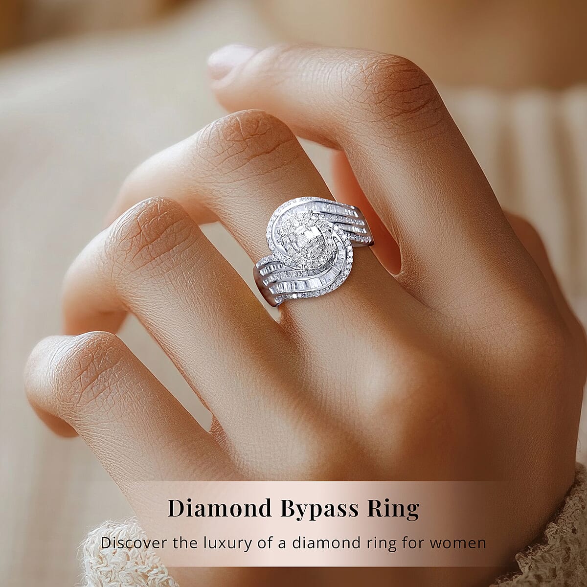 Diamond 1.00 ctw Bypass Ring in Platinum Over Sterling Silver (Size 9.0) image number 1