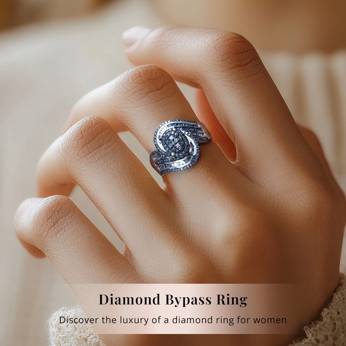 Blue Diamond 1.00 ctw Bypass Ring in Rhodium and Platinum Over Sterling Silver (Size 7.0) image number 1