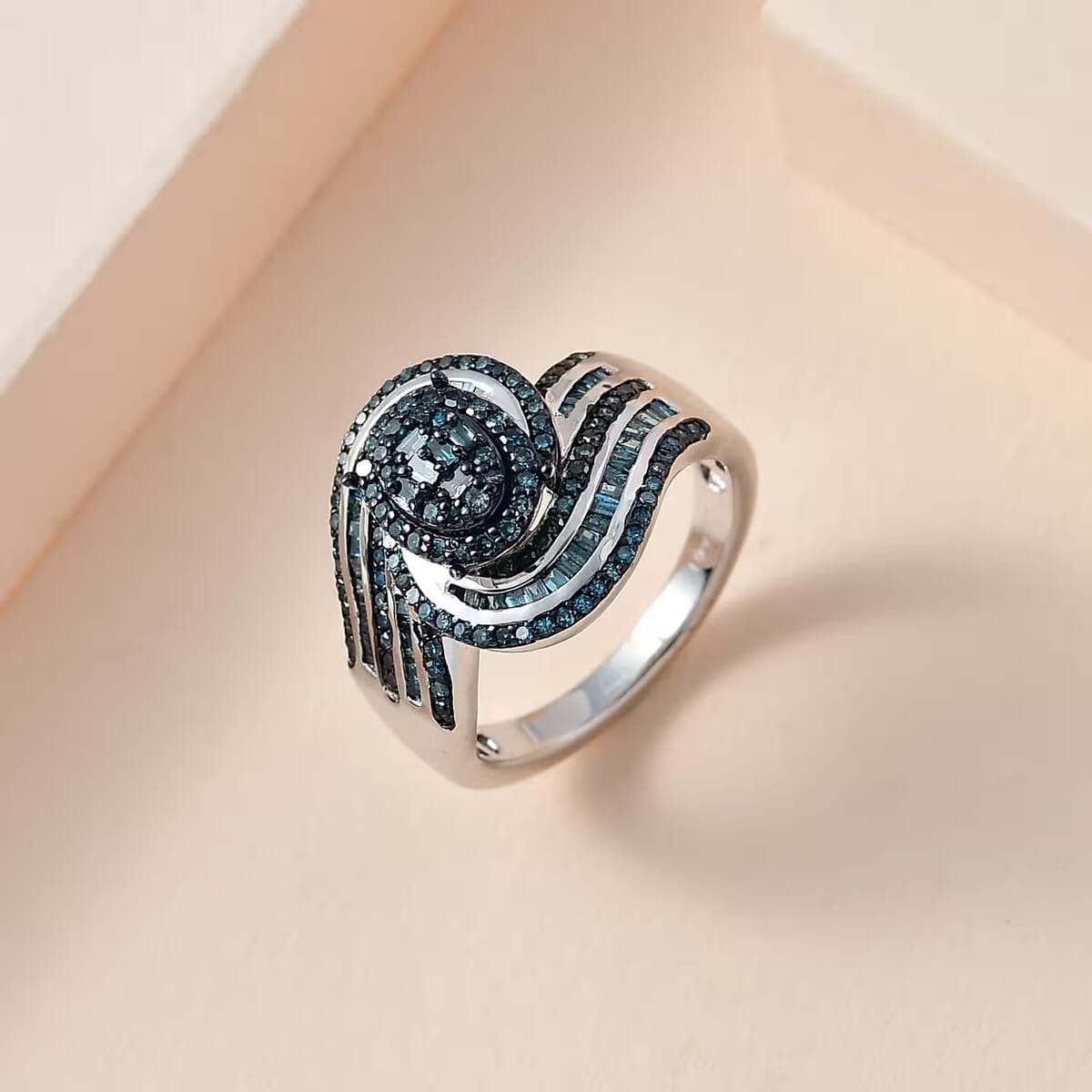 Blue Diamond 1.00 ctw Bypass Ring in Rhodium and Platinum Over Sterling Silver (Size 7.0) image number 6