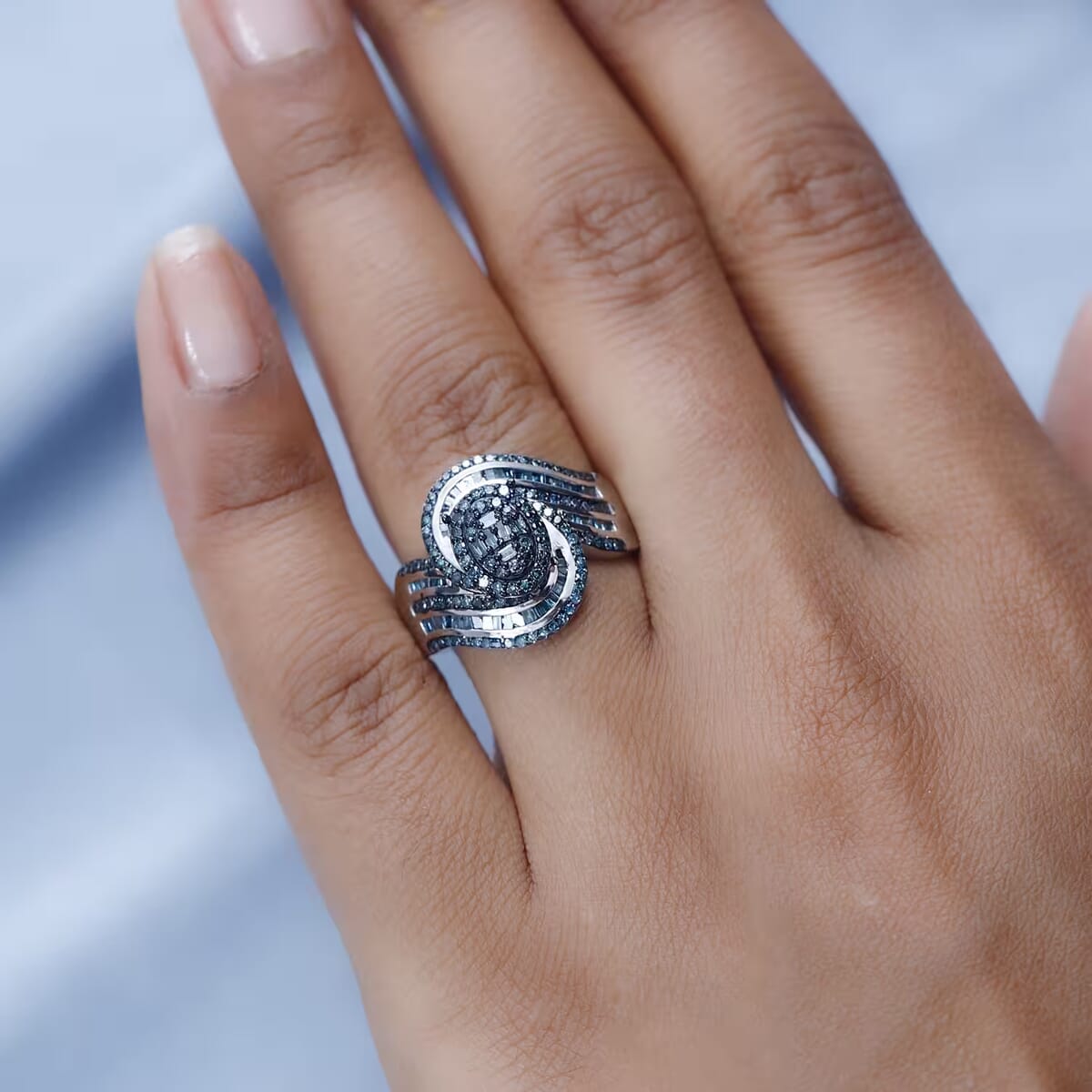 Blue Diamond 1.00 ctw Bypass Ring in Rhodium and Platinum Over Sterling Silver (Size 7.0) image number 7