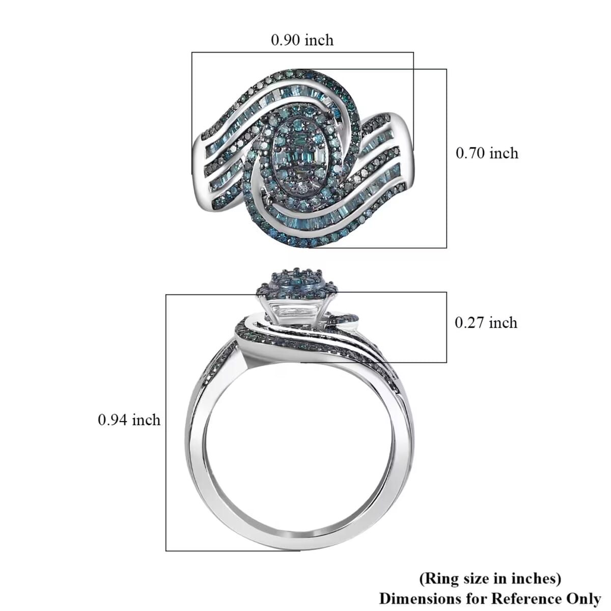 Blue Diamond 1.00 ctw Bypass Ring in Rhodium and Platinum Over Sterling Silver (Size 7.0) image number 8