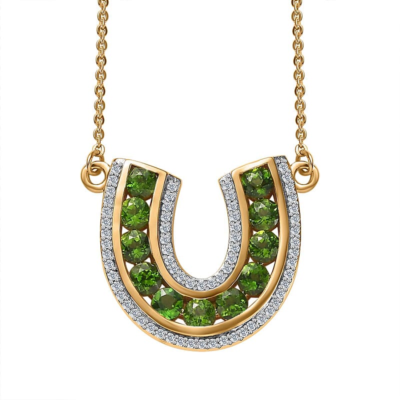Chrome Diopside and White Zircon Horseshoe Necklace 18-20 Inches in Vermeil Yellow Gold Over Sterling Silver 2.60 ctw