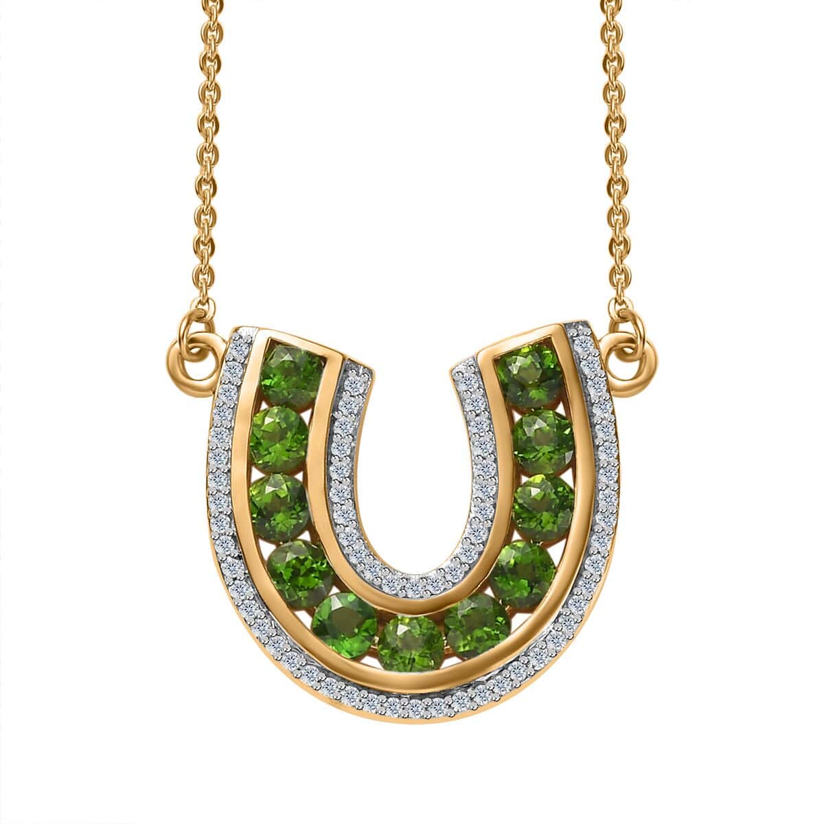 Chrome Diopside and White Zircon Horseshoe Necklace 18-20 Inches in Vermeil Yellow Gold Over Sterling Silver 2.60 ctw image number 0