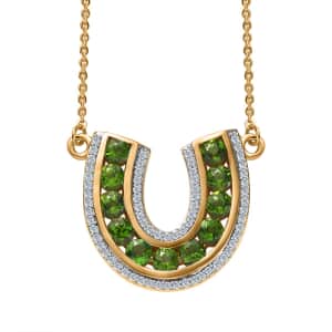 Chrome Diopside and White Zircon Horseshoe Necklace 18-20 Inches in Vermeil Yellow Gold Over Sterling Silver 2.60 ctw