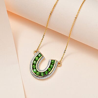 Chrome Diopside and White Zircon Horseshoe Necklace 18-20 Inches in Vermeil Yellow Gold Over Sterling Silver 2.60 ctw
