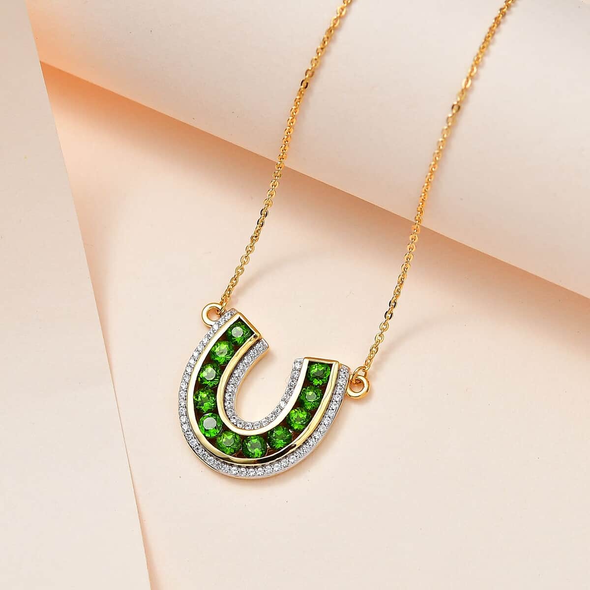 Chrome Diopside and White Zircon Horseshoe Necklace 18-20 Inches in Vermeil Yellow Gold Over Sterling Silver 2.60 ctw image number 1