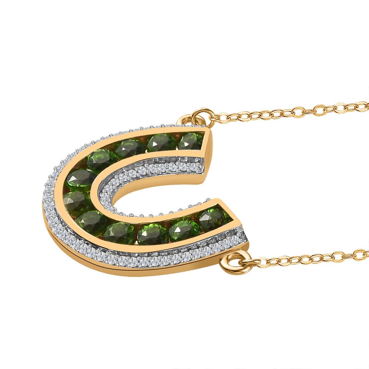 Chrome Diopside and White Zircon Horseshoe Necklace 18 Inches in Vermeil Yellow Gold Over Sterling Silver 2.60 ctw image number 3
