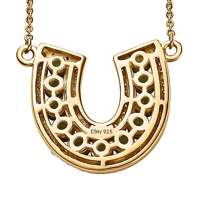 Chrome Diopside and White Zircon Horseshoe Necklace 18-20 Inches in Vermeil Yellow Gold Over Sterling Silver 2.60 ctw