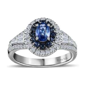 Ceylon Blue Sapphire and Moissanite Cocktail Ring in Platinum Over Sterling Silver (Size 10.0) 1.60 ctw