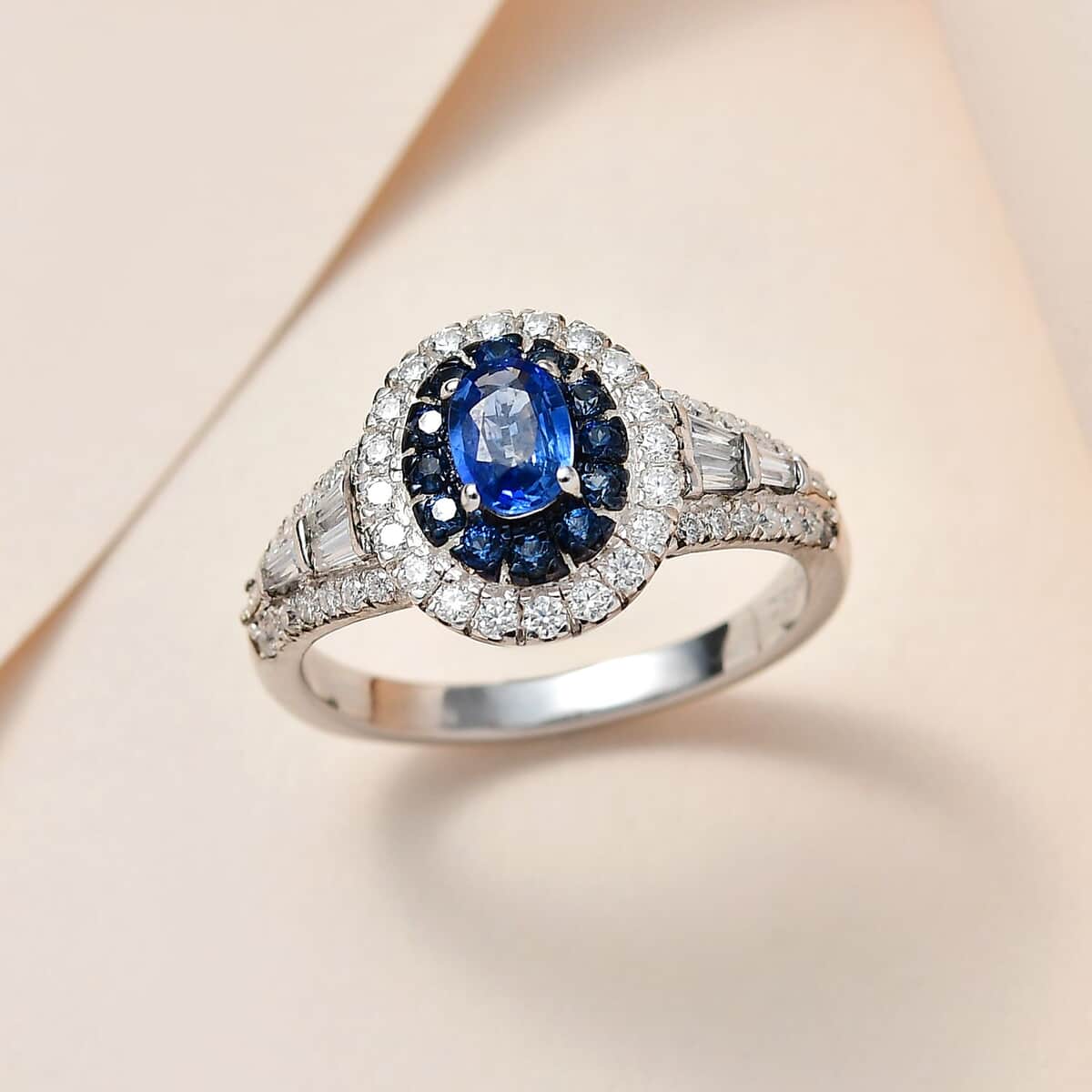 Ceylon Blue Sapphire and Moissanite Cocktail Ring in Platinum Over Sterling Silver (Size 10.0) 1.60 ctw image number 1