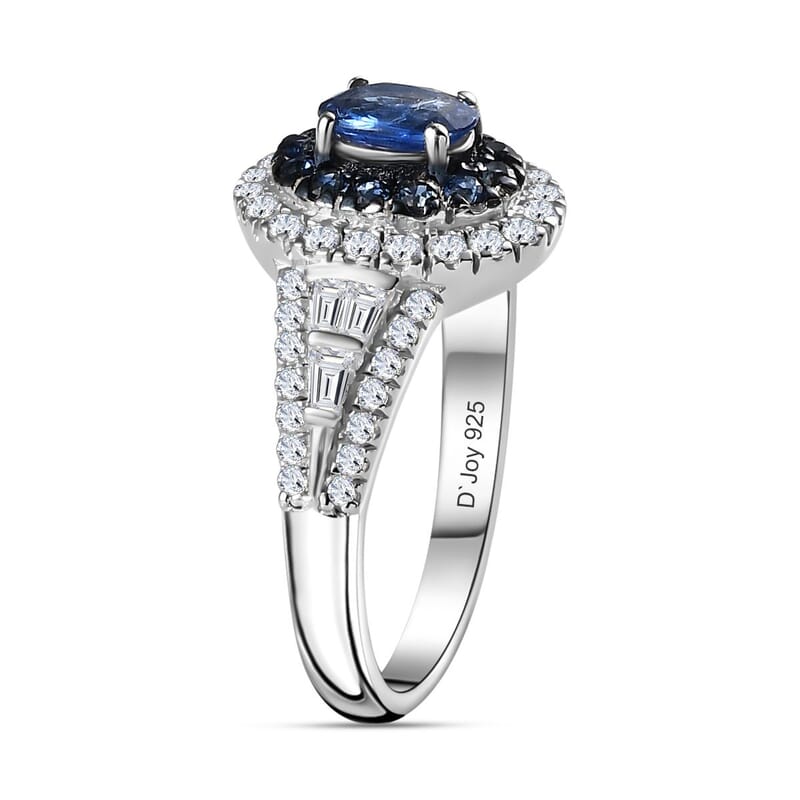 Ceylon Blue Sapphire and Moissanite 1.60 ctw Cocktail Ring in Platinum Over Sterling Silver (Size 10.0)