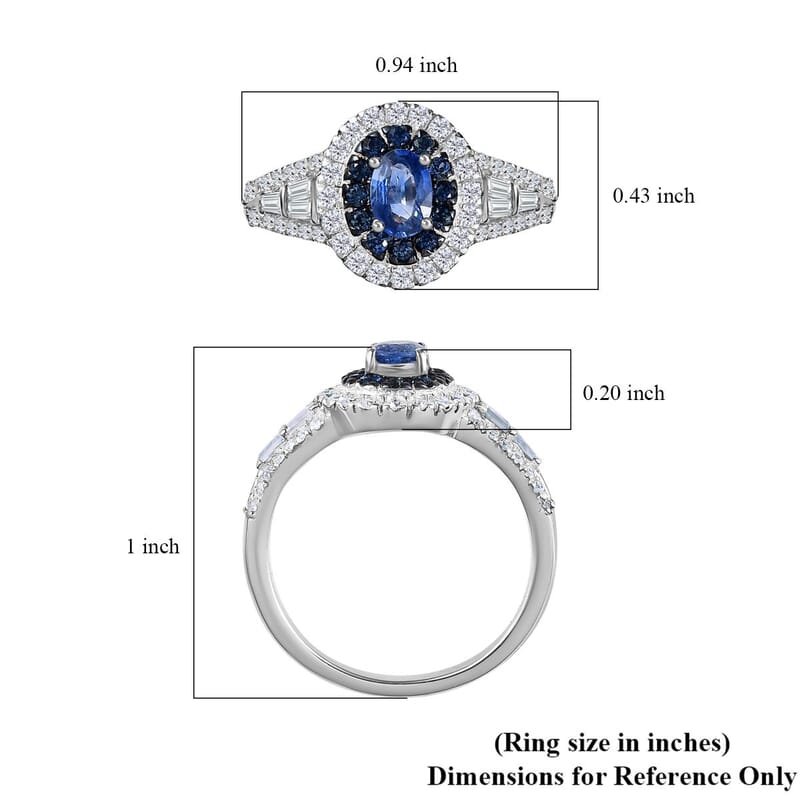 Ceylon Blue Sapphire and Moissanite 1.60 ctw Cocktail Ring in Platinum Over Sterling Silver (Size 10.0)