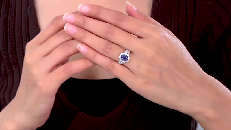 TLV Ceylon Blue Sapphire, Moissanite Halo Ring in Platinum Over Sterling Silver (Size 7.0) 1.60 ctw