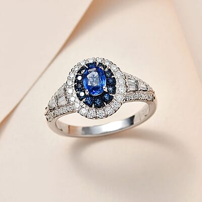 Ceylon Blue Sapphire and Moissanite Cocktail Ring in Platinum Over Sterling Silver (Size 5.0) 1.60 ctw