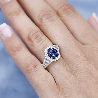 Ceylon Blue Sapphire and Moissanite Cocktail Ring in Platinum Over Sterling Silver (Size 5.0) 1.60 ctw