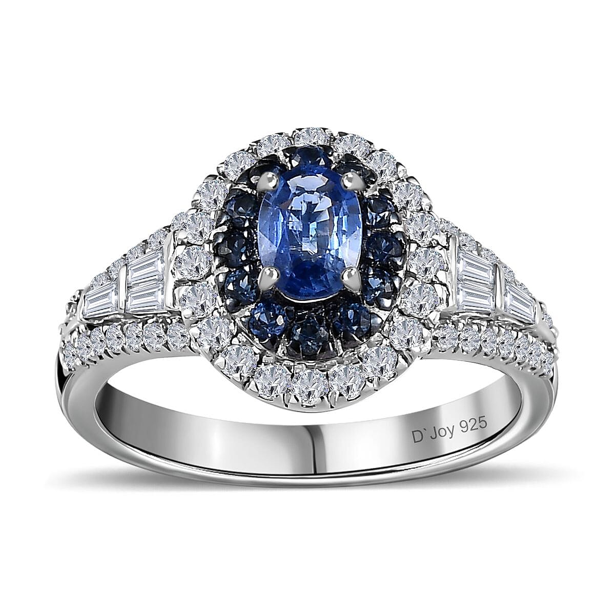 TLV Ceylon Blue Sapphire, Moissanite Halo Ring in Platinum Over Sterling Silver (Size 7.0) 1.60 ctw