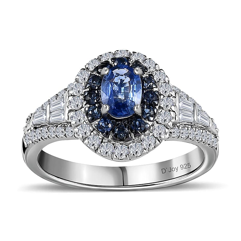 Ceylon Blue Sapphire and Moissanite Cocktail Ring in Platinum Over Sterling Silver (Size 8.0) 1.60 ctw