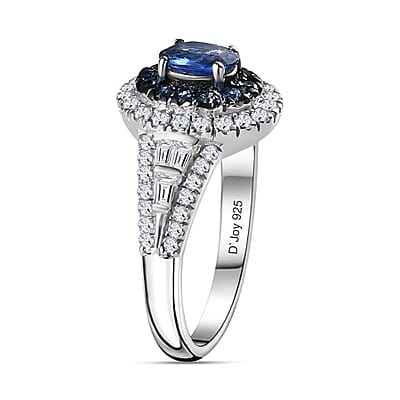 Ceylon Blue Sapphire and Moissanite Cocktail Ring in Platinum Over Sterling Silver (Size 8.0) 1.60 ctw