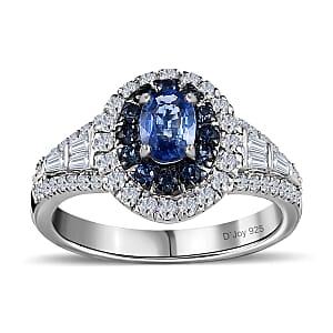 Ceylon Blue Sapphire and Moissanite Cocktail Ring in Platinum Over Sterling Silver (Size 9.0) 1.60 ctw
