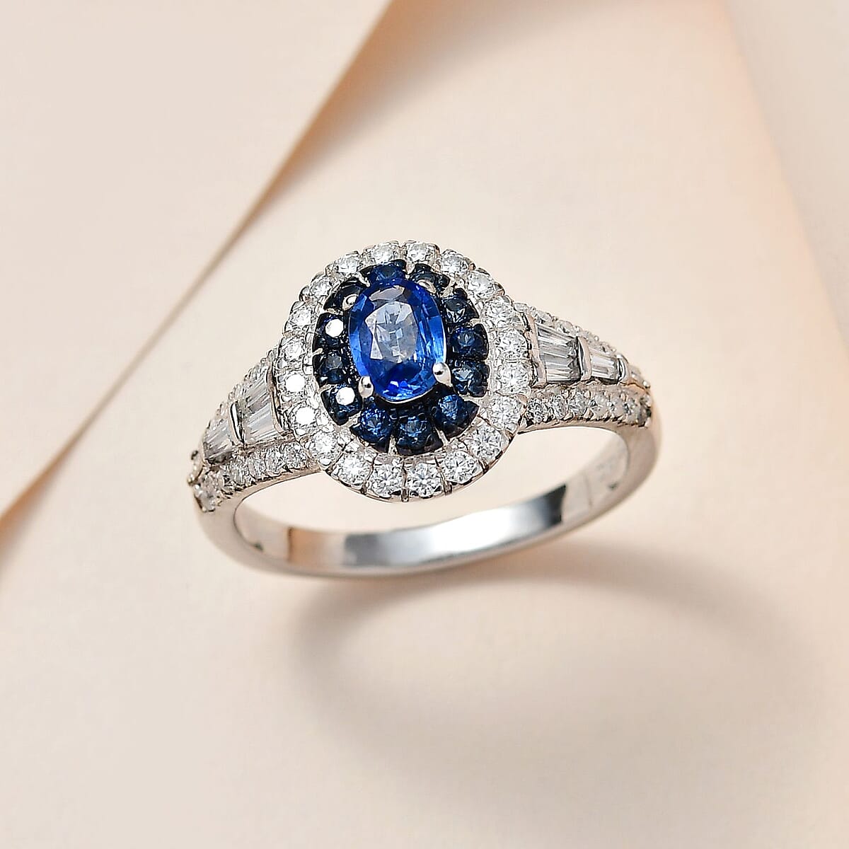 Ceylon Blue Sapphire and Moissanite Cocktail Ring in Platinum Over Sterling Silver (Size 9.0) 1.60 ctw image number 1