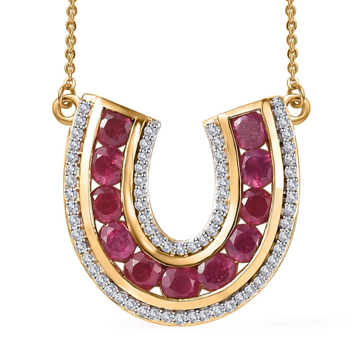 Niassa Ruby (FF) and White Zircon Horseshoe Necklace 18-20 Inches in Vermeil Yellow Gold Over Sterling Silver 2.60 ctw image number 0