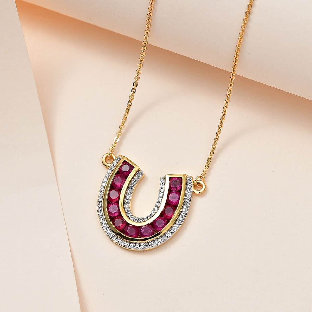 Niassa Ruby (FF) and White Zircon Horseshoe Necklace 18-20 Inches in Vermeil Yellow Gold Over Sterling Silver 2.60 ctw image number 1