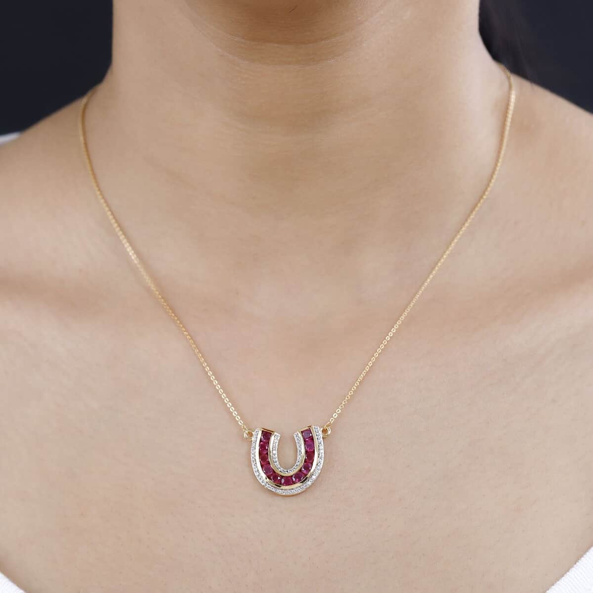 Niassa Ruby (FF) and White Zircon Horseshoe Necklace 18-20 Inches in Vermeil Yellow Gold Over Sterling Silver 2.60 ctw image number 2