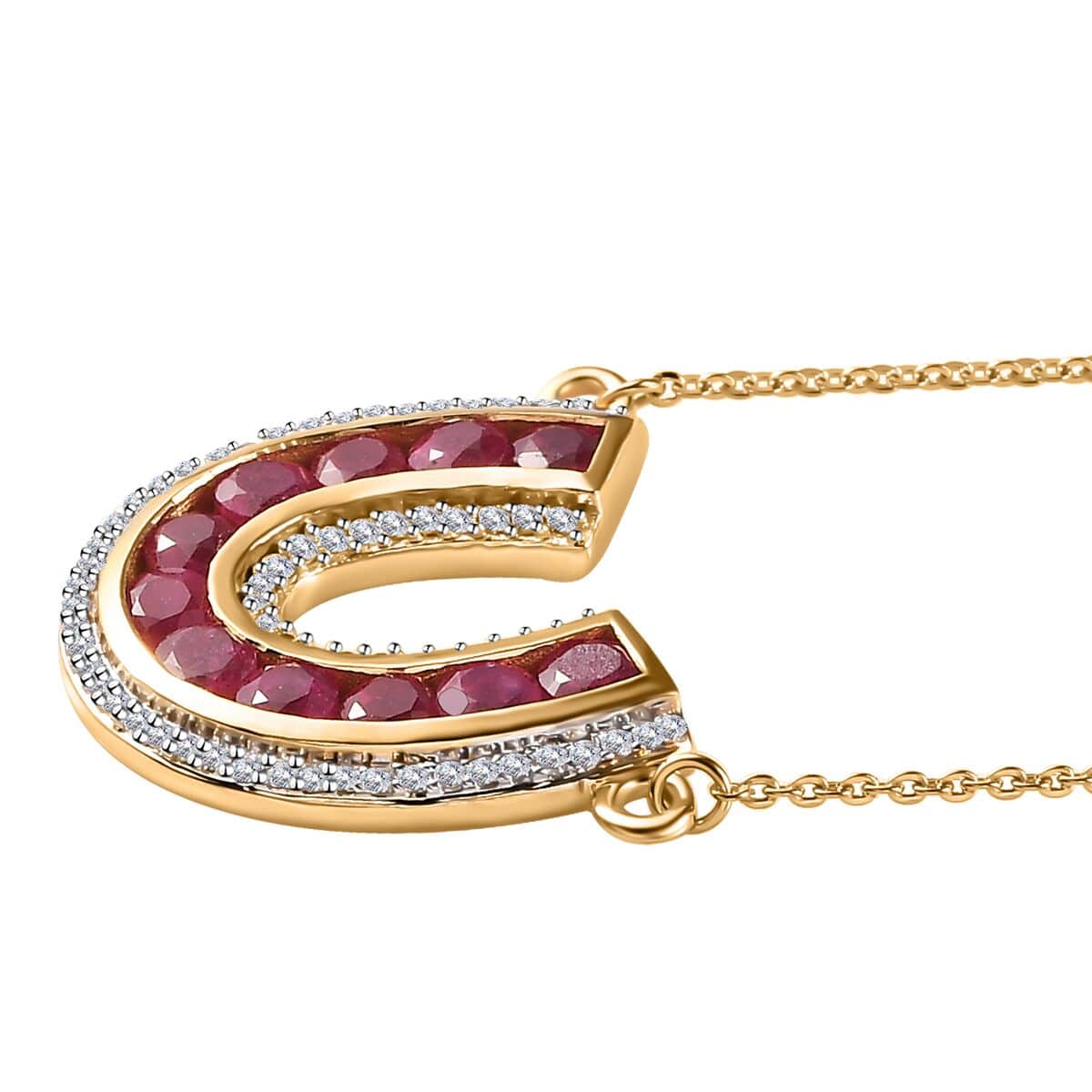 Niassa Ruby (FF) and White Zircon Horseshoe Necklace 18-20 Inches in Vermeil Yellow Gold Over Sterling Silver 2.60 ctw image number 3