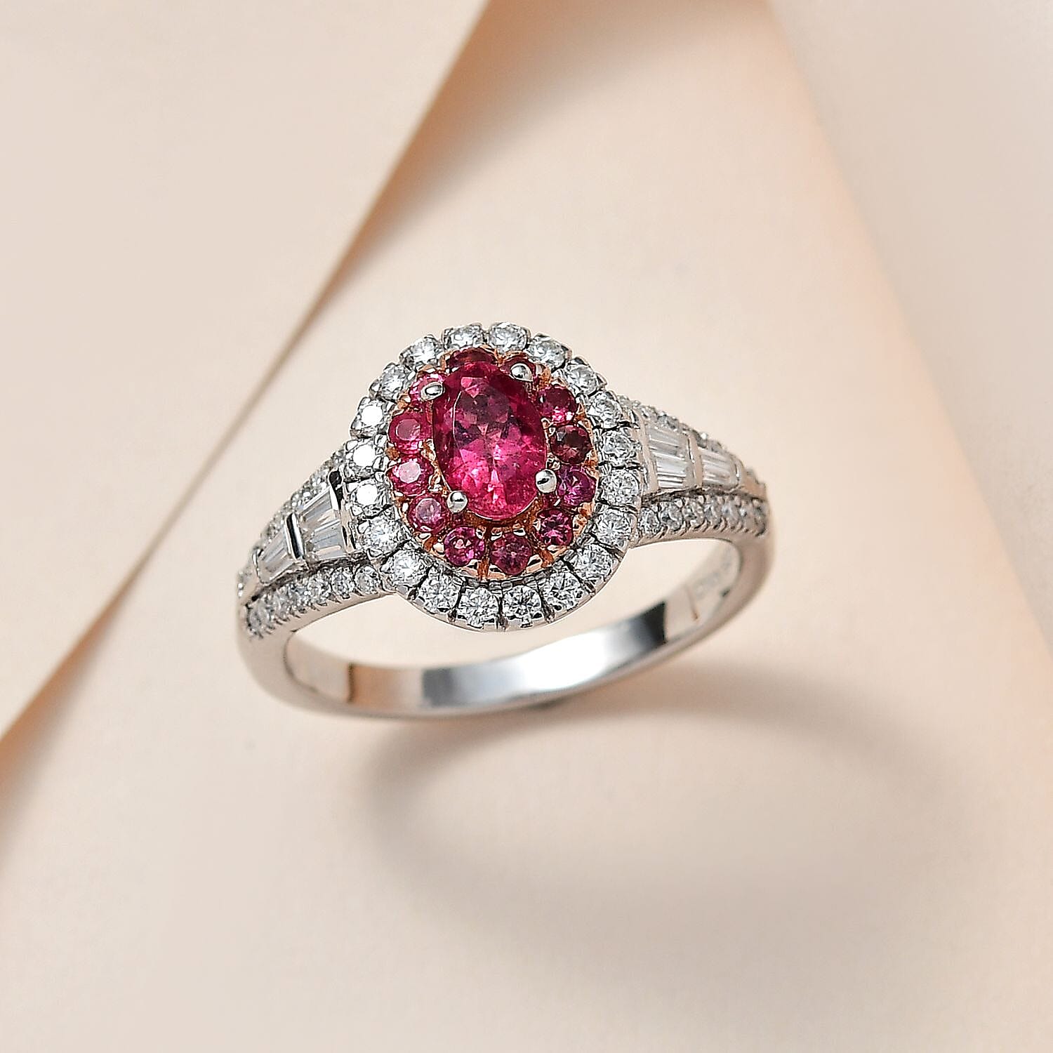 Ouro Fino Rubellite and Moissanite Cocktail Ring in Platinum Over Sterling Silver (Size 10.0) 1.35 ctw