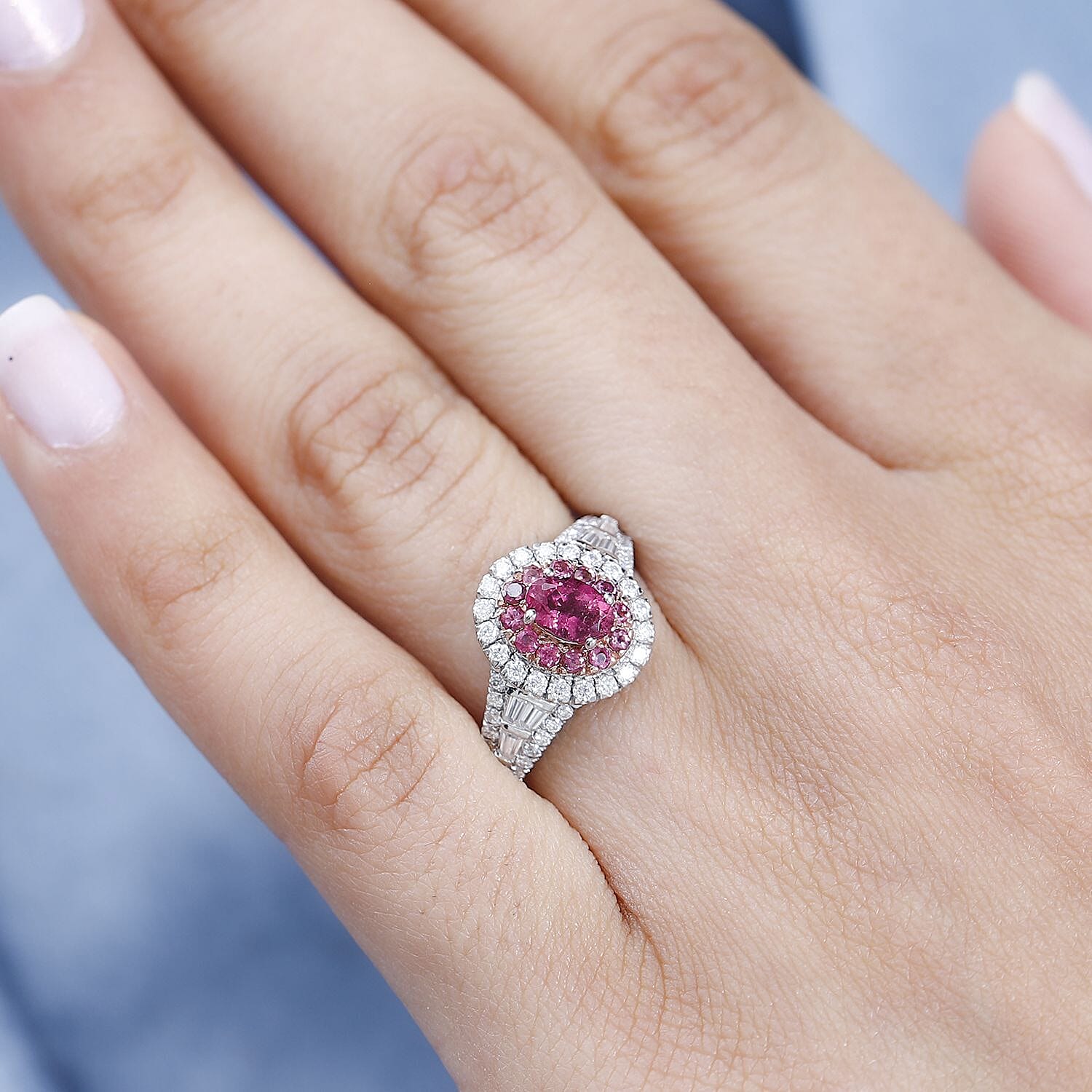 Ouro Fino Rubellite and Moissanite Cocktail Ring in Platinum Over Sterling Silver (Size 10.0) 1.35 ctw