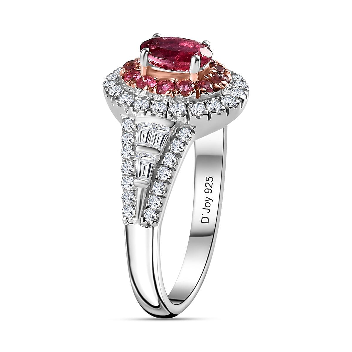 Ouro Fino Rubellite and Moissanite Cocktail Ring in Platinum Over Sterling Silver (Size 10.0) 1.35 ctw