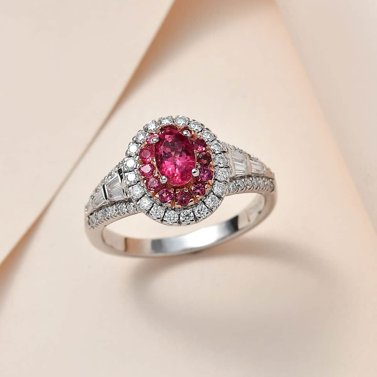 Ouro Fino Rubellite and Moissanite 1.35 ctw Cocktail Ring in Platinum Over Sterling Silver (Size 5.0) image number 1